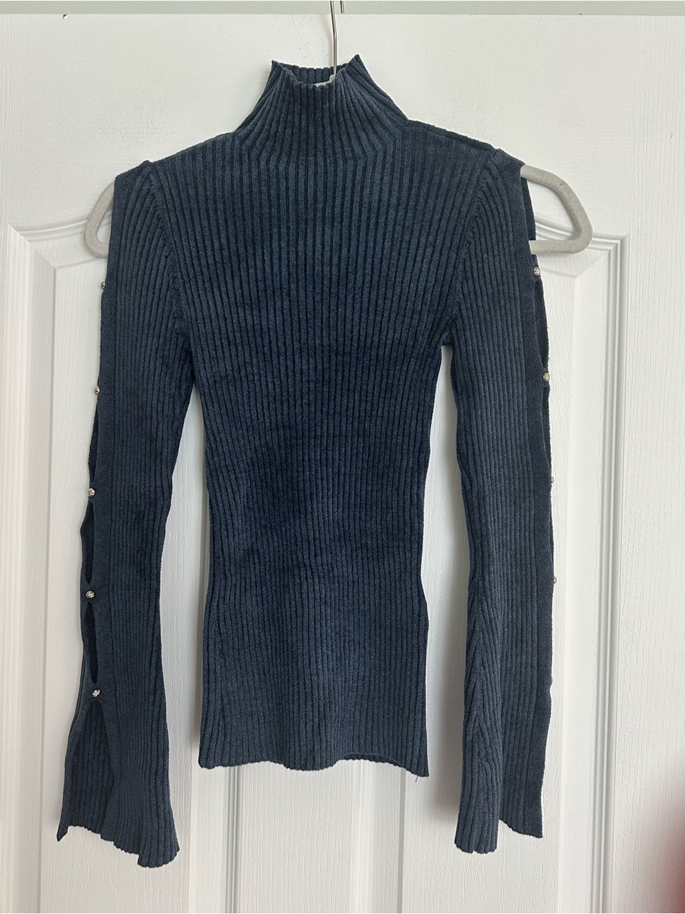 WHBM NWT True Indigo Ribbed Turtleneck Chenille Cut Out gold accent Sleeves!